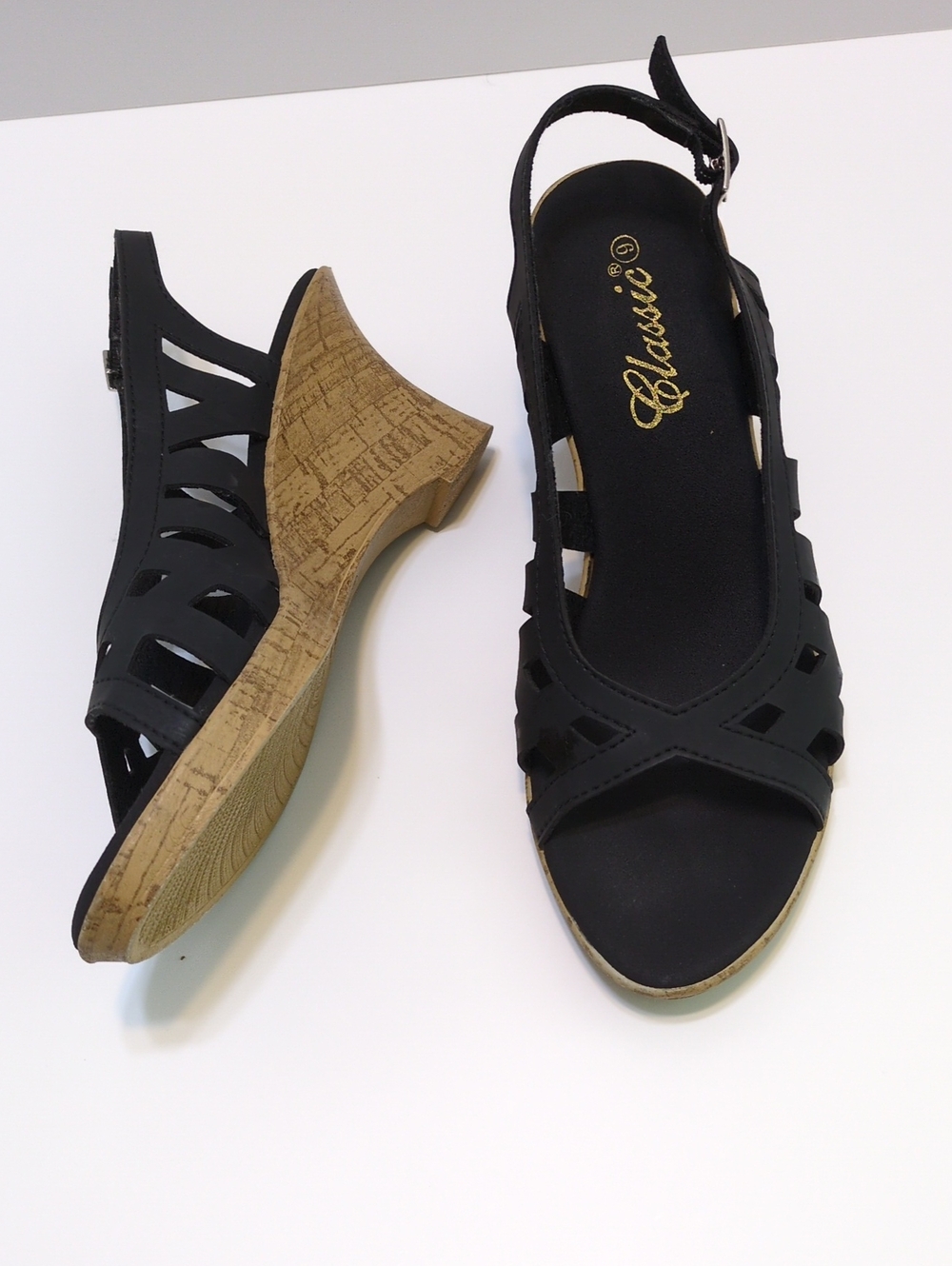 Classic Black Cutout Slingback Wedge Sandals Sz 9